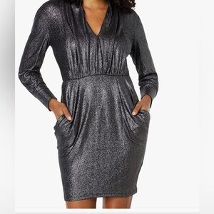 DONNA MORGAN NWT Metallic Cocktail Formal Mini Dress Sz 2 Silver Pockets $129
